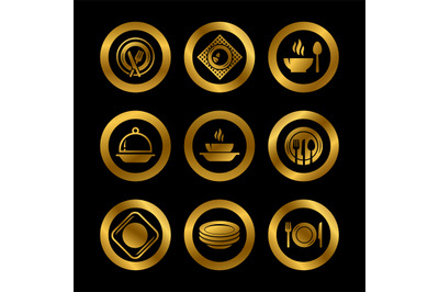 Kitchen plates and cutlery golden silhouette icons. Restaurant vector