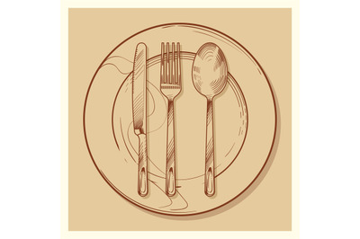 Hand sketched vintage cutlery and plate vector illustration