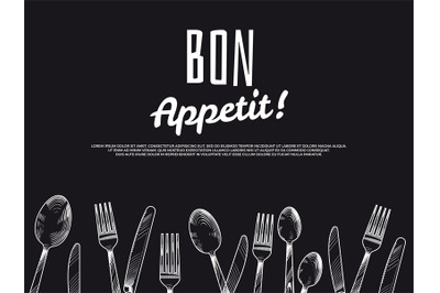 Vintage hand drawn cutlery background. Black bon appetit banner design