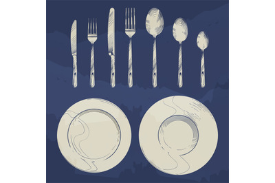 Vintage knife, fork, spoon and dishes in sketch engraving style. Cutle