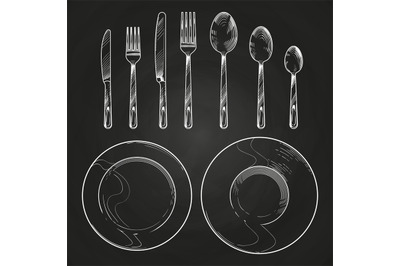 Vintage knife, fork, spoon and dishes in sketch engraving style. Hand