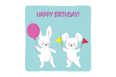 Birthday postcard template with two happy bunnies with balloon and fla