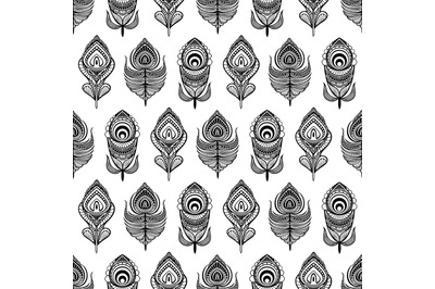 Black and white mandala feathers seamless pattern for print