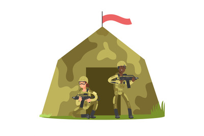 Cartoon character soldier and military tent vector illustration