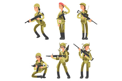 Cartoon characters female soldiers in various actions vector set