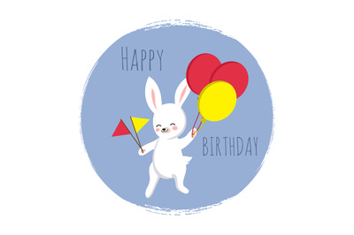 Cute bunny with flags and balloons. Happy Birthday template for cards