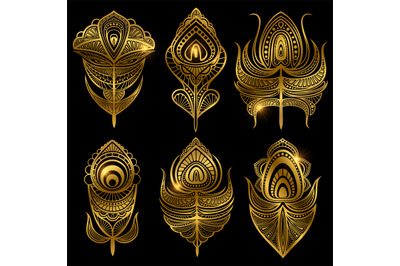 Golden feathers vector isolated on black background