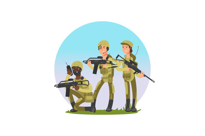 Group of soldiers vector illustration. Military male and female cartoo