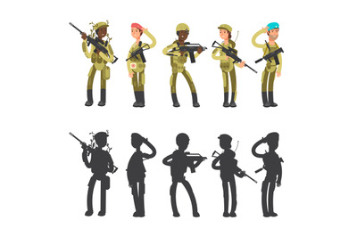 Silhouettes of military man and woman&2C; cartoon characters vector illus