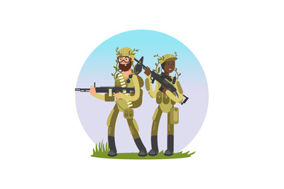 Male and female soldiers cartoon character design