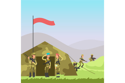 Military vector illustration. Cartoon soldiers, tent and landscape