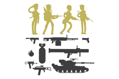 Silhouettes of military soldiers&2C; ammunition&2C; guns and weapons isolate