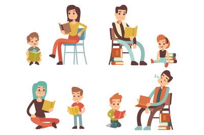 Cartoon character adults and kids reading books