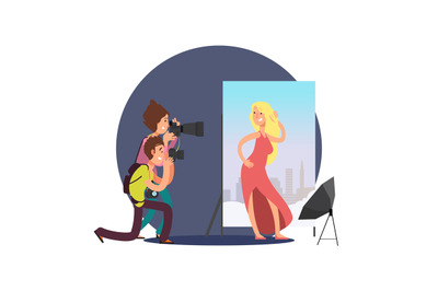 Cartoon character lady and photographers