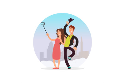 Happy couple making selfie. Cartoon character man and woman making pho