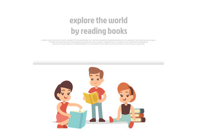 Little kids reading books. Cartoon character vector banner design