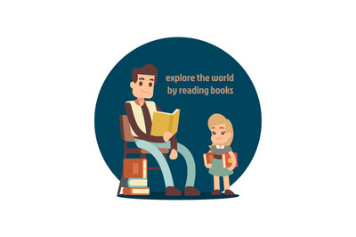 Young man reading book to little girl vector illustration