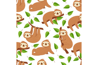 Cute baby sloth bear. Tropical bedroom vector seamless pattern