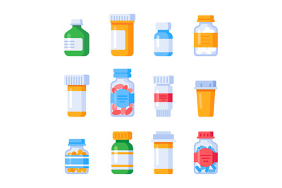 Flat medicine bottles. Vitamin bottle with prescription label, drug pi