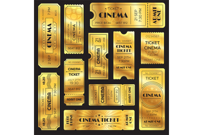 Realistic golden show ticket. Old premium cinema entrance tickets. Gol