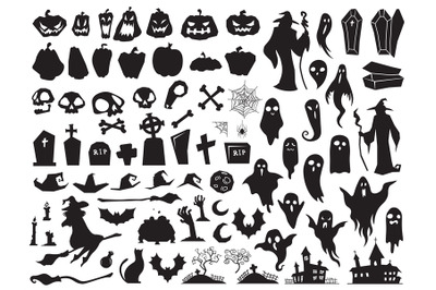 Halloween silhouettes. Spooky evil witch, creepy grave coffin and wiza