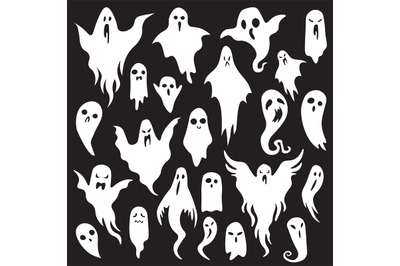 Halloween ghosts. Ghostly monster with Boo scary face. Spooky ghost fl