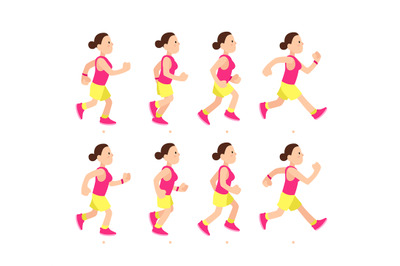 Cartoon running girl animation. Athletic young woman character run or