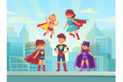 Superhero kids team. Comic hero kid in super costume with cloak on urb