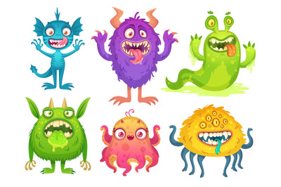 Cartoon monster mascot. Halloween funny monsters, bizarre gremlin with