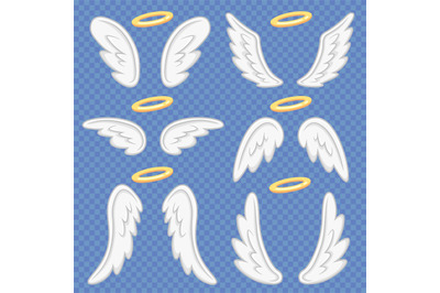 Cartoon angel wings. Holy angelic nimbus and angels wing. Flying winge