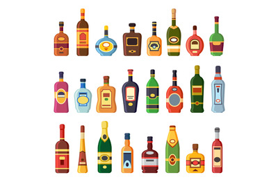 Alcohol bottles. Alcoholic liquor drink bottle with vodka, cognac and