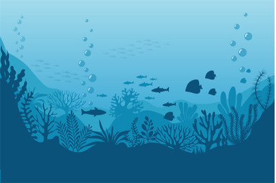 Sea underwater background. Ocean bottom with seaweeds. Vector marine s