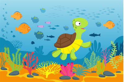 Turtle in underwater scene. Tortoise, seaweeds and fishes in ocean bot