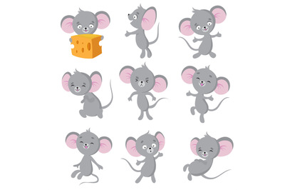 Cartoon mouse. Gray mice in different poses. Cute wild rat animal vect