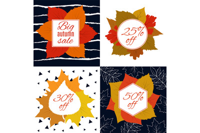 Autumn sale. Fall leaves with discount. Advertising shopping tags. Iso