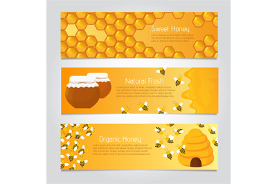 Honey banners. Cute cartoon honeybees with beehive. Vector set