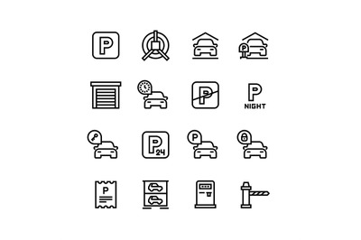 Parking icons. Car garage and parking line vector symbols