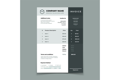 Invoice template. Bill with price table. Paper order bookkeeping servi