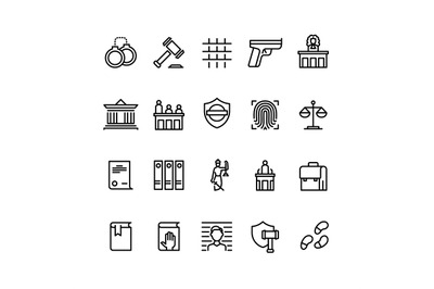 Law and justice line icons. Court, judge and lawyer. Criminal police v