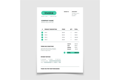 Invoice form template. Business Bill with data table. Paper order book