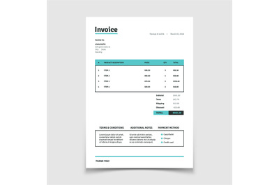 Quotation invoice template. Paper bill form vector design