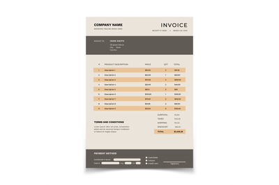 Invoice template. Bill form with data table and tax. Bookkeeping vecto