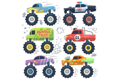 Monster cars. Cartoon cars with big wheels. Isolated vector set