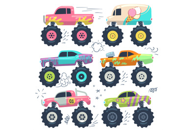 Monster trucks. Kids car toys. Cartoon vector set