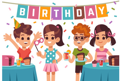 Children birthday party. Kids celebrating anniversary. Vector birthday