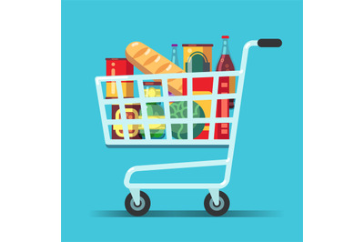 Full supermarket shopping cart. Shop trolley with food. Grocery store