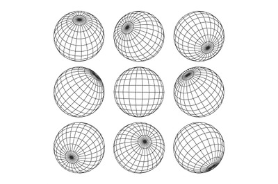 Globe grid. 3d sphere wires&2C; earth network vector isolated set