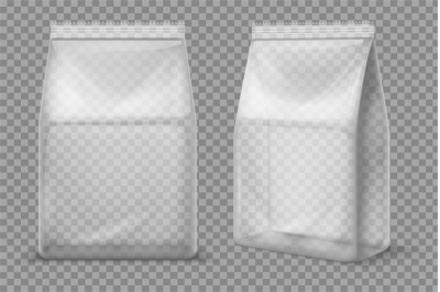 Plastic snack bag. Transparent food blank sachet. 3d vector package is