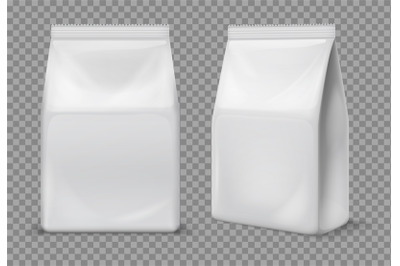 Paper snack bag. Food blank white sachet&2C; packaging. 3d vector foil pa