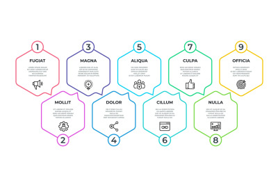 Workflow infographic. 9 step flow graphic&2C; timeline minimalist hexagon